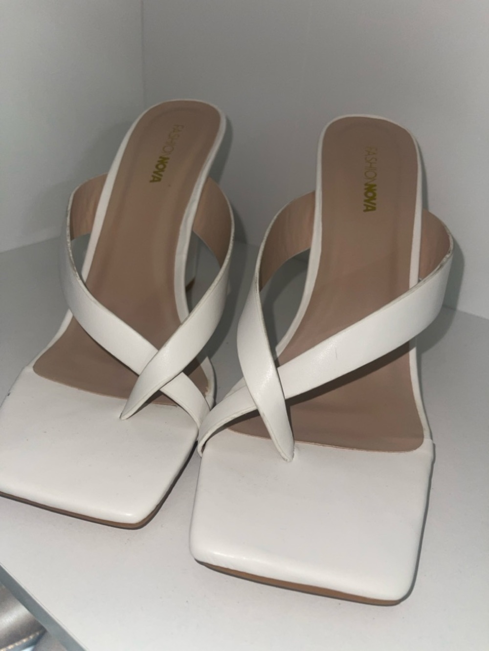 Fashion Nova Women’s White Crisscross Square-Toe Heeled Wedge Sandals